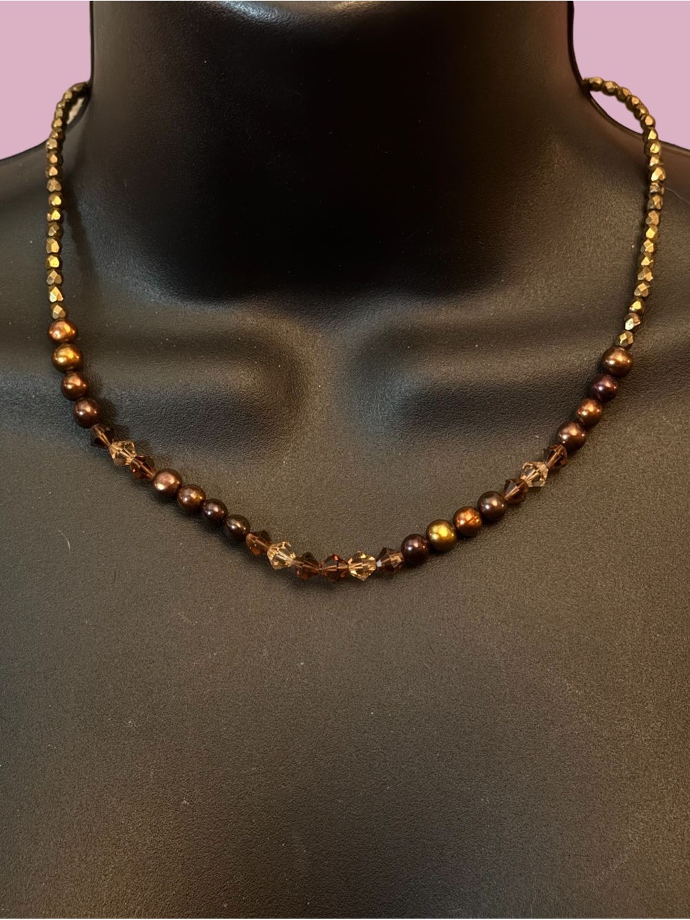 Metallic genuine bronze pearl and pyrite bead necklace